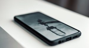 테이블 위에 비스듬히 놓인 스마트폰과 화면 속 풍경 디자인, 현대인들의 일상에 자연스럽게 자리 잡은 짠테크 및 소액 앱테크 문화를 상징하는 모습